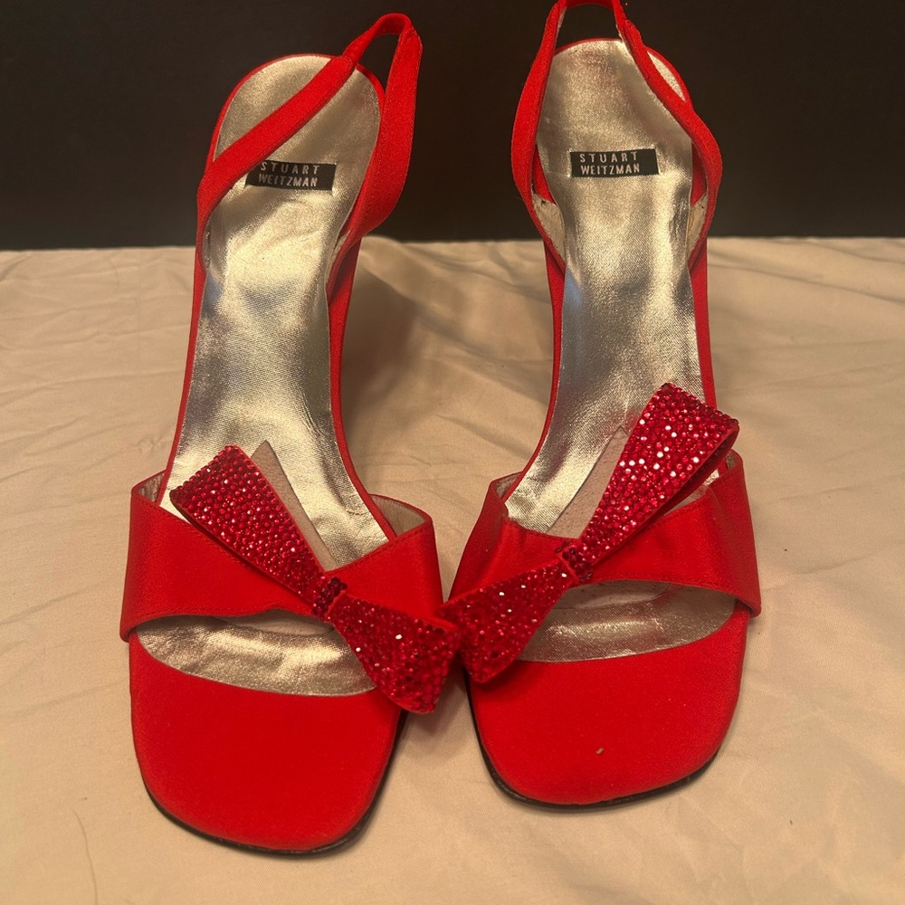 Stuart Weitzman Red Satin Heels with Bow Accent